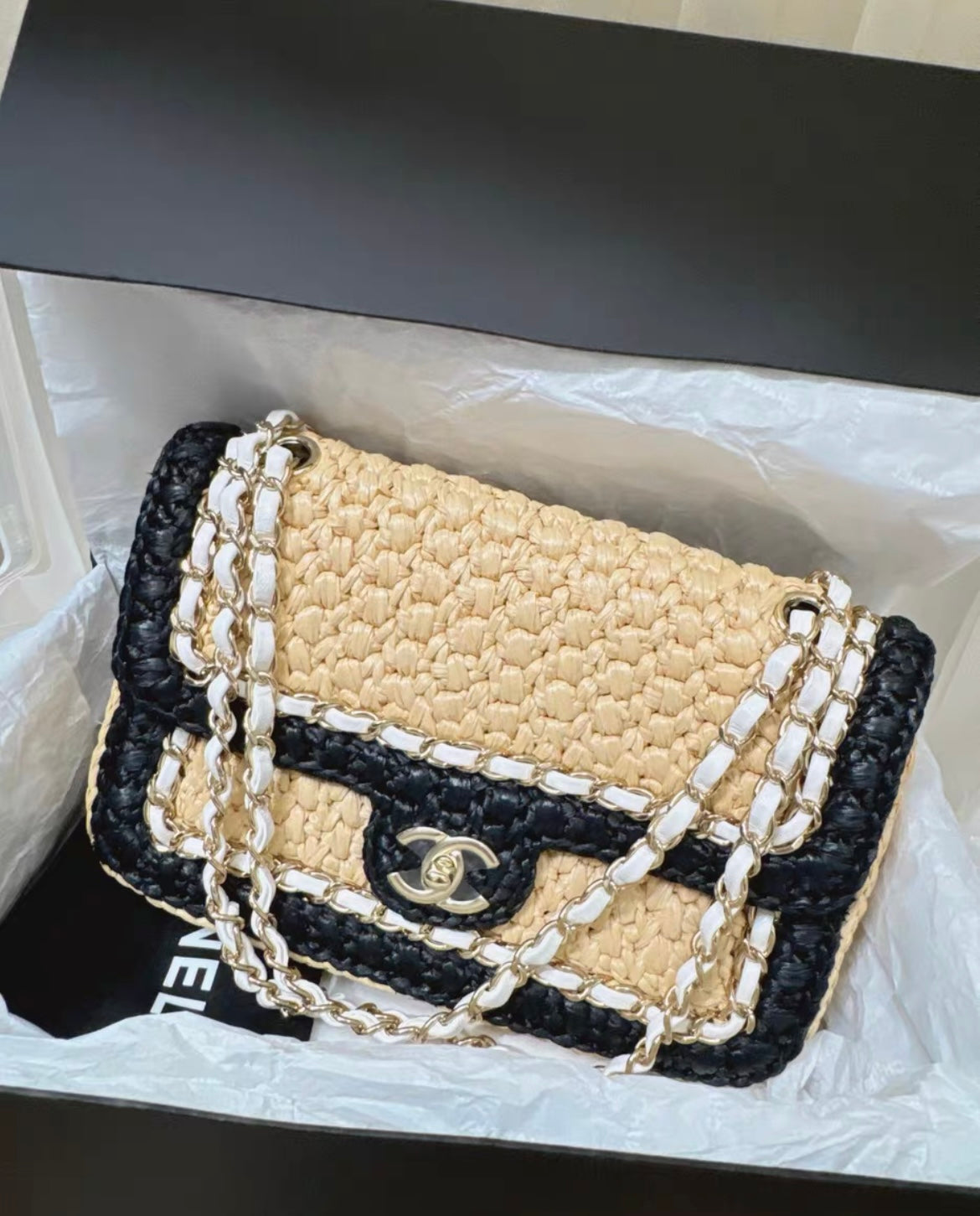 Chanel 24C Flap Bag In Black Raffia With Braided Chain