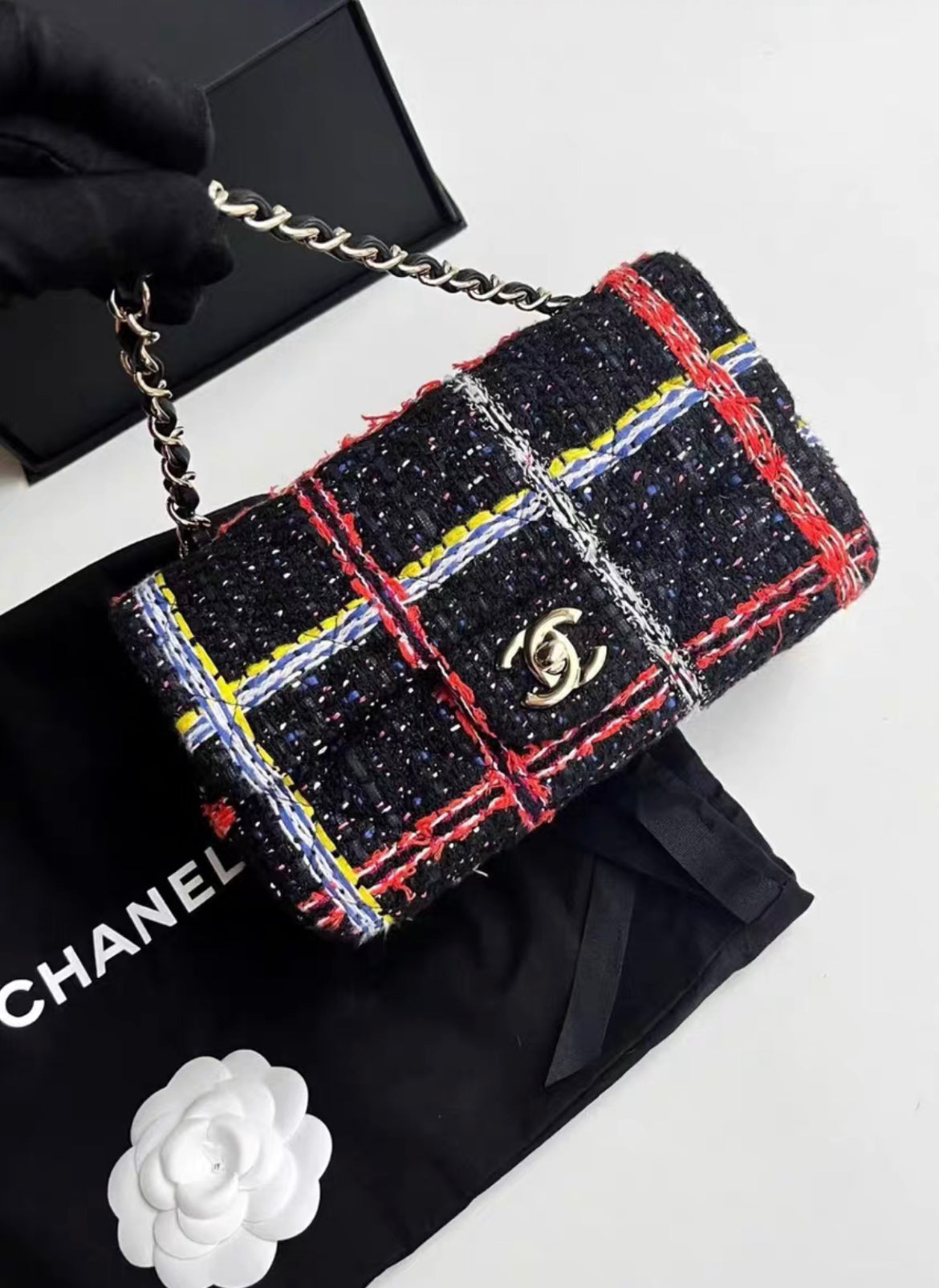 Chanel 20 Black Woven Tweed Chain Bag