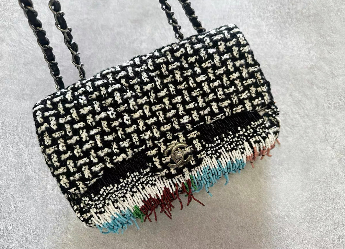 Chanel Dallas Metiers D'Art 2014 Multi Color Beaded Fringe Rare Tweed Classic Flap Shoulder Bag
