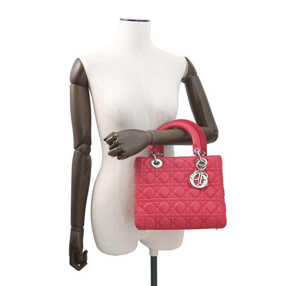 Dior Lady Dior Cannage 2Way Handbag Pink Leather Size Medium