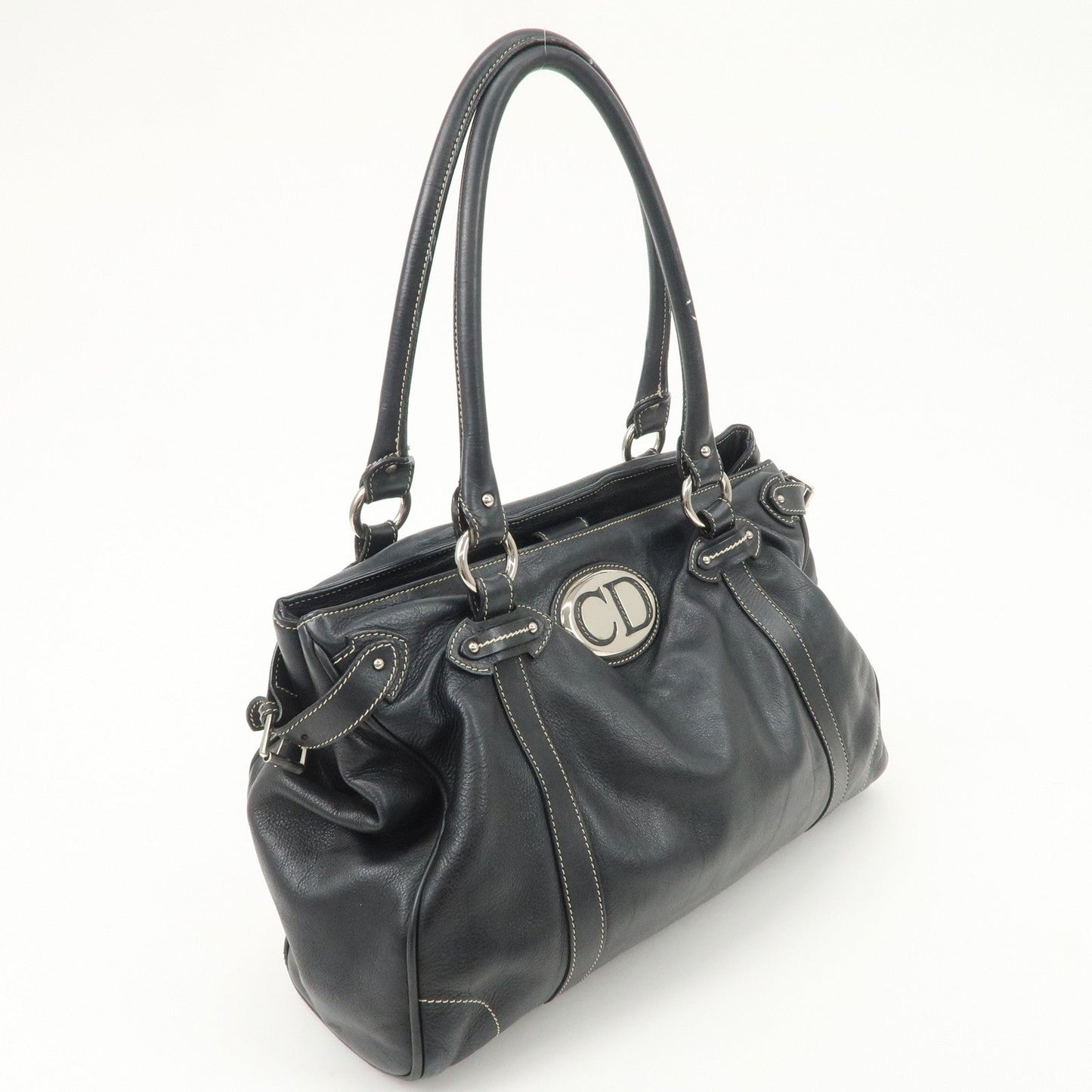 Christian Dior Leather Shoulder Bag Hand Bag Black Silver Hdw