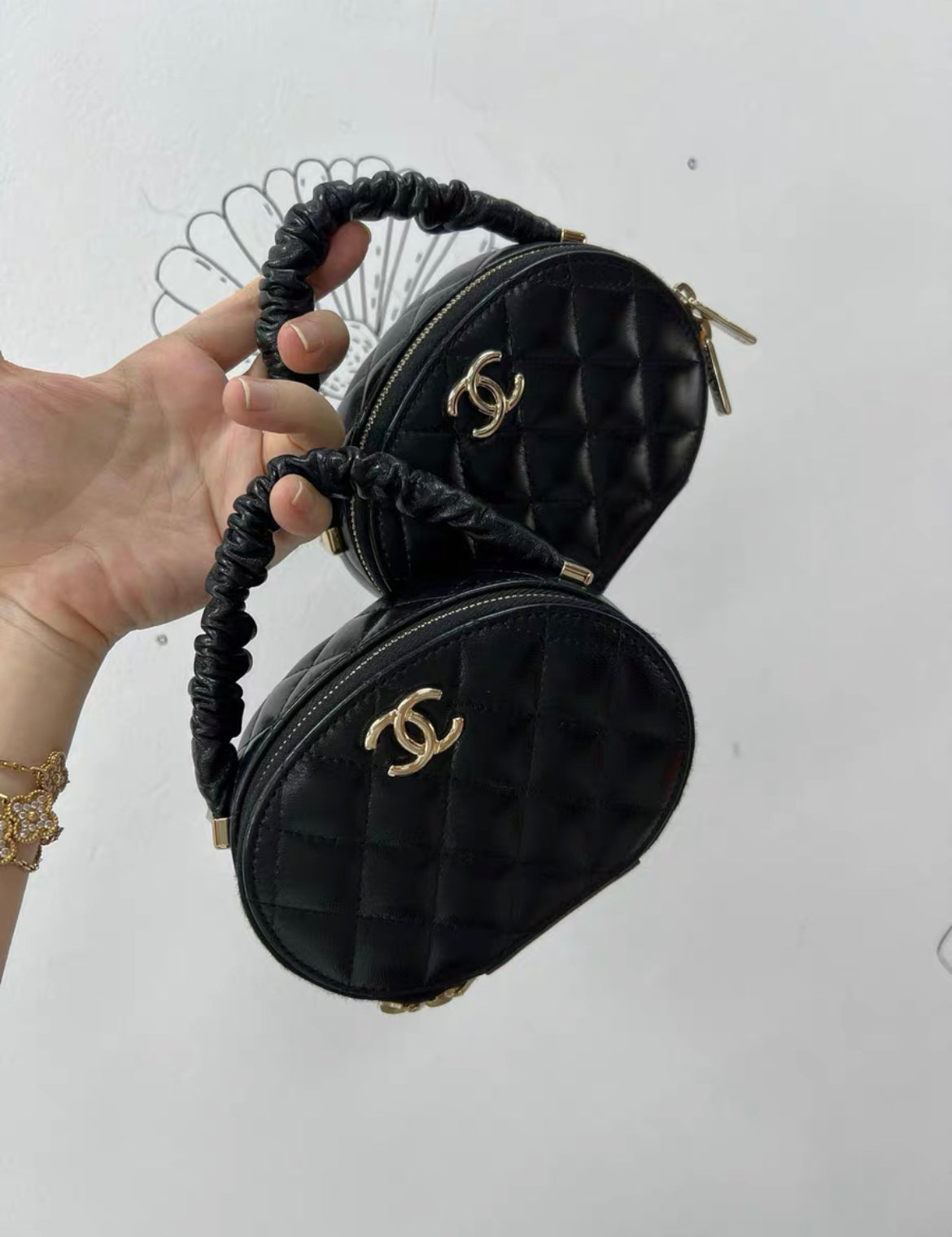 Chanel Cc Ruched Oval Top Handle Quilted Lambskin Mini