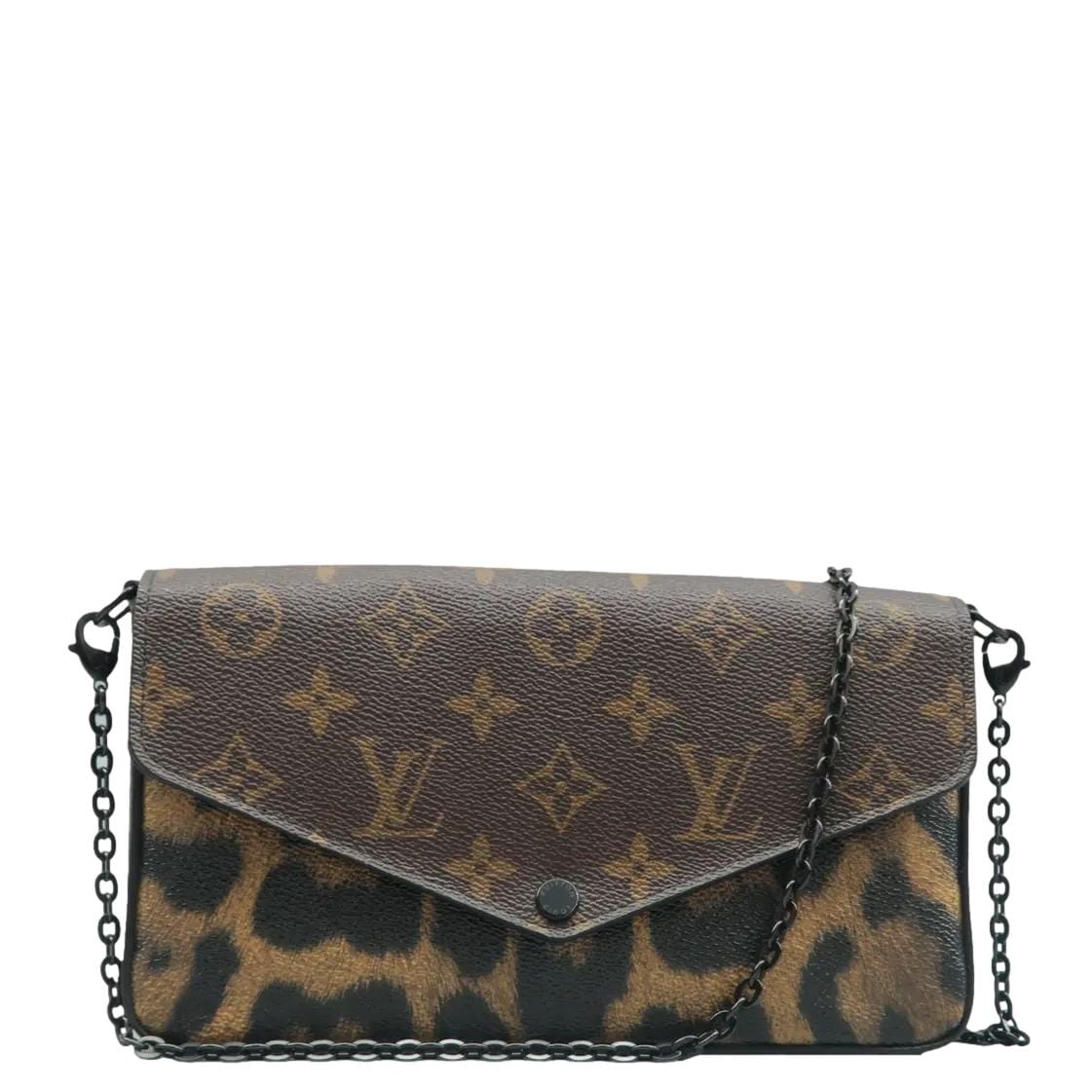 LOUIS VUITTON Pochette Felicie Monogram Canvas Wild Animal Chain Crossbody Bag Brown