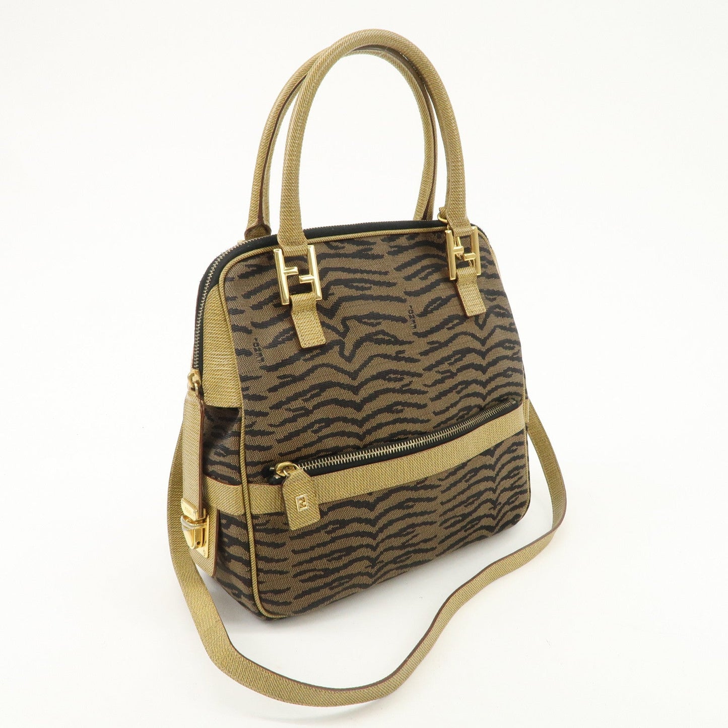 FENDI Leather Canvas 2Way Bag Hand Bag Zebra Print Black Brown
