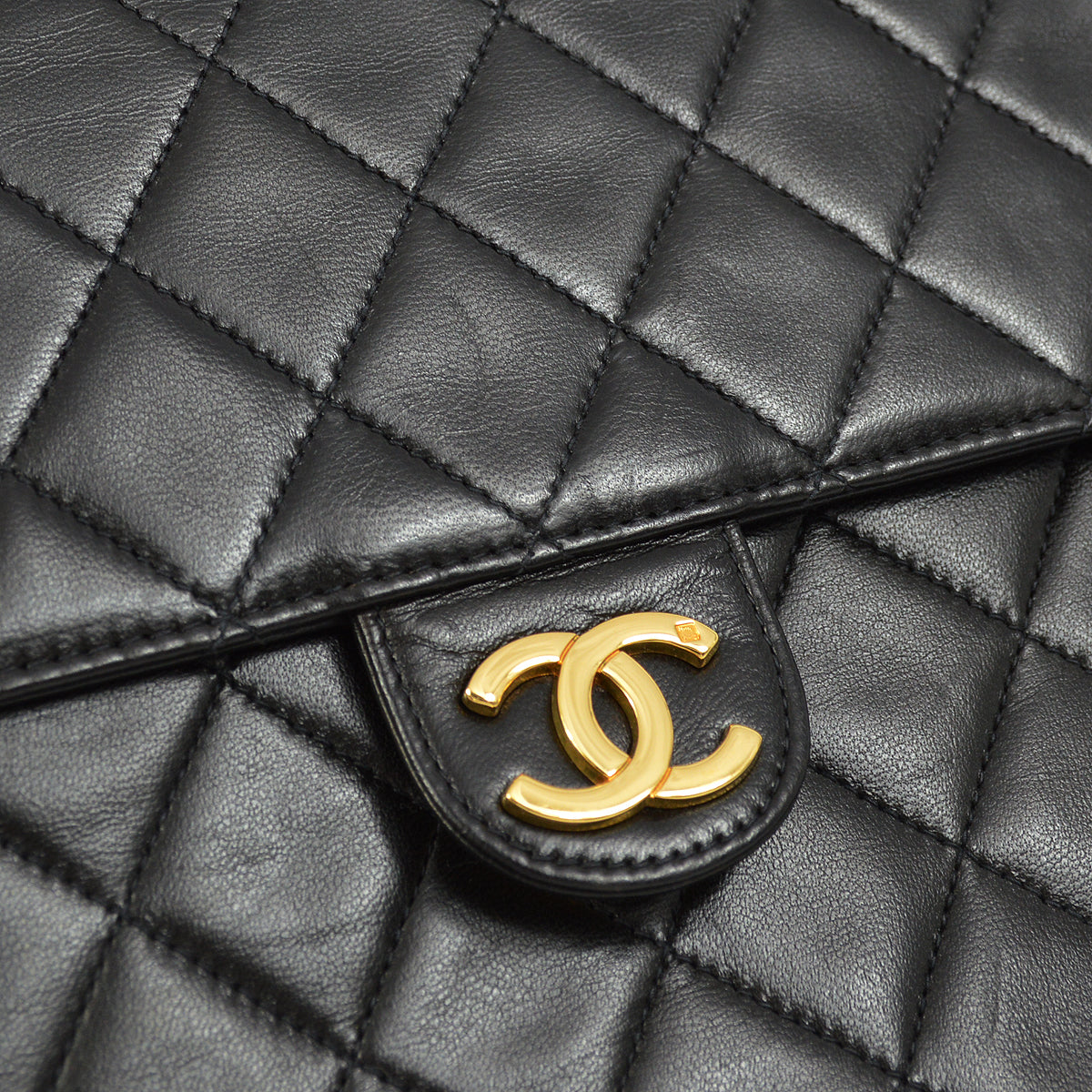 Chanel Black Lambskin Pushlock Medium Half Flap Shoulder Bag