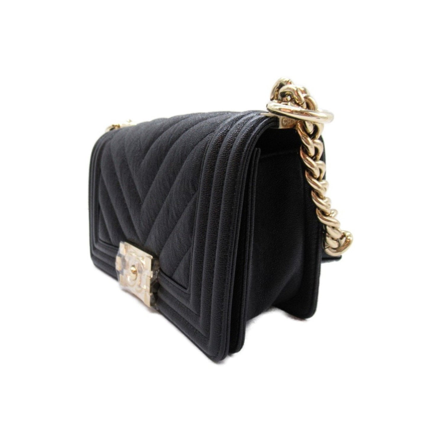Chanel Boy Chanel V-stitched chain shoulder bag, caviar skin (grained calfskin), women's, black