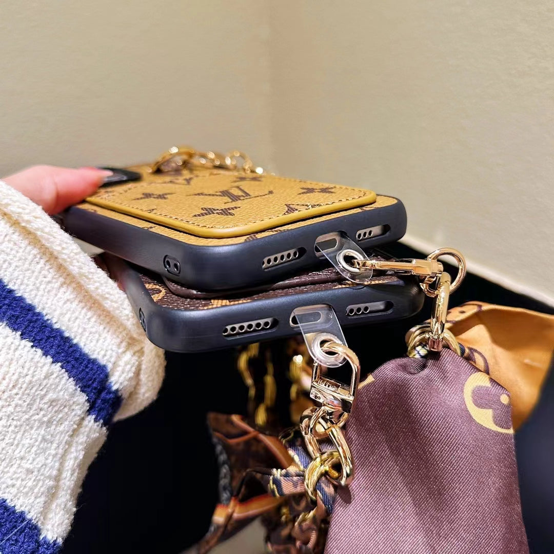 Luxury Leather card Scarf chain phone case for iphone
