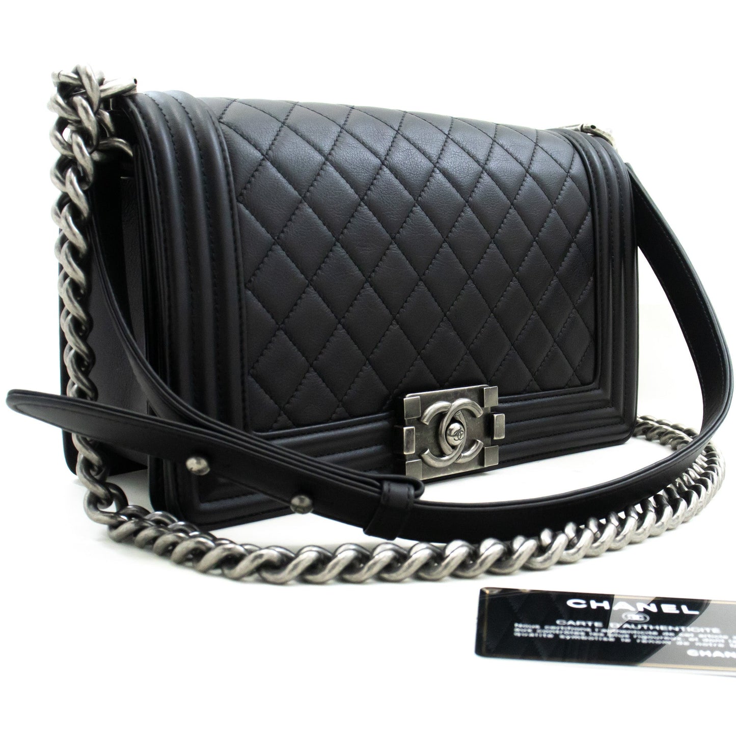 Chanel Boy Chain Shoulder Bag Black Quilted Flap Calfskin Leather