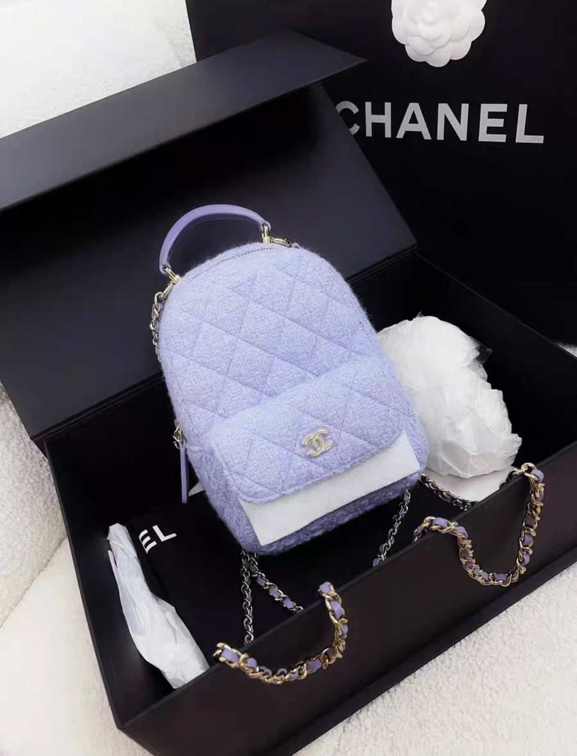 Chanel Luxury Tweed Gold Backpack