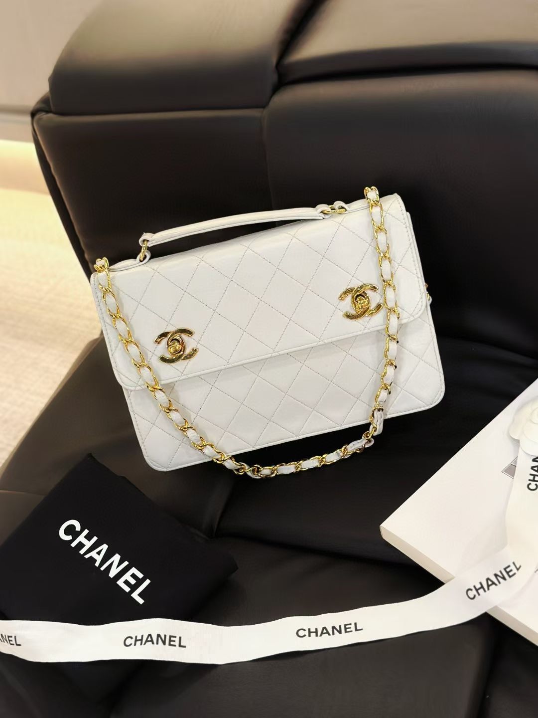 Chanel Timeless Classic Cc Double Turn Lock Bag White