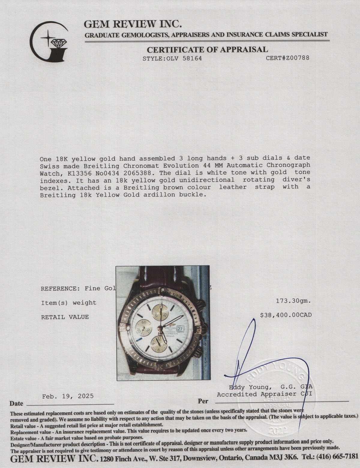 Breitling 18k Yellow Gold Chronomat Evolution 44 MM Automatic Chronograph Watch White Dial K13356