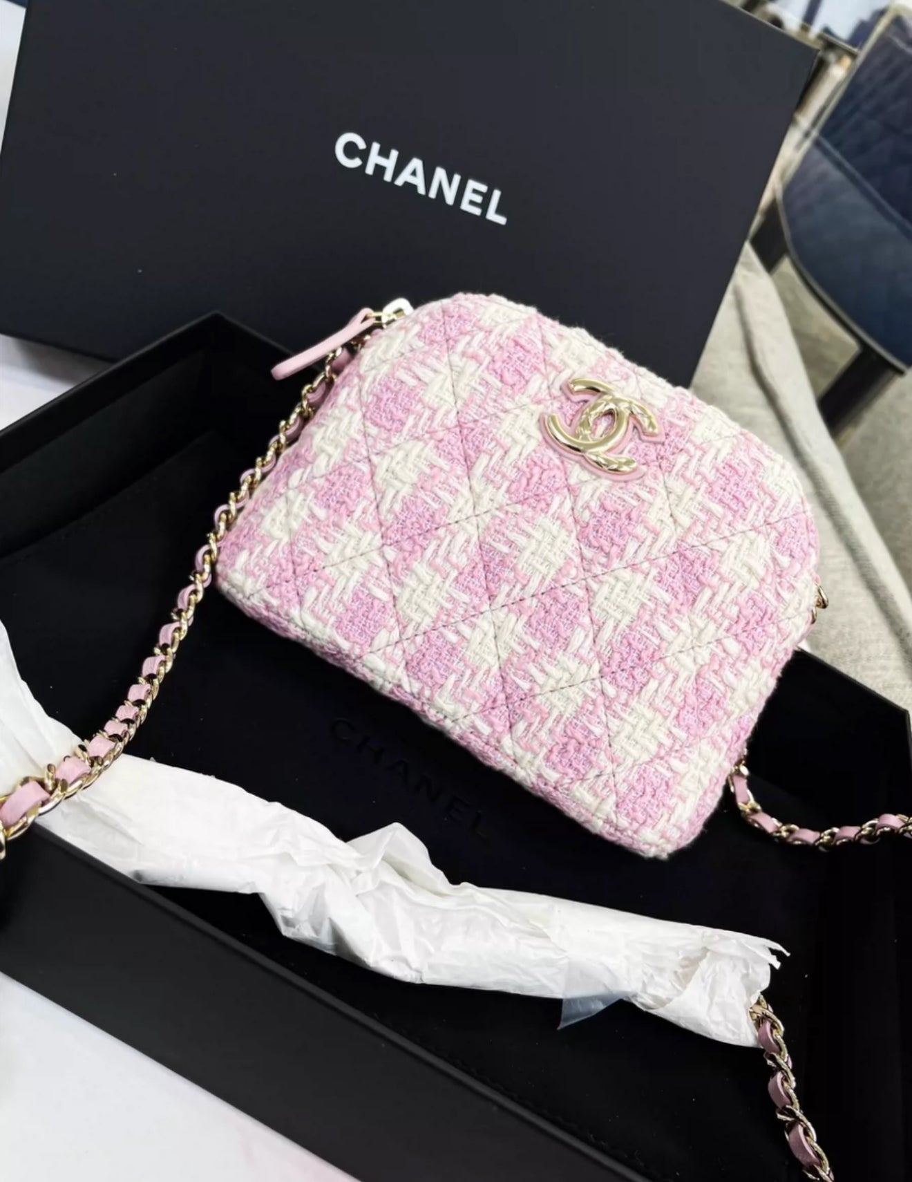 Chanel 24K Pink Tweed Shell Chain Bag