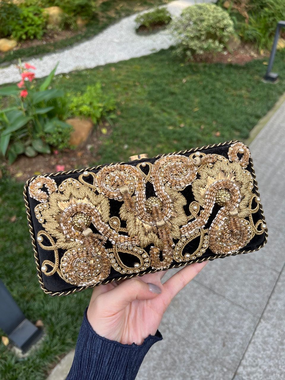 Chanel Black Gold Embroidered Clutch