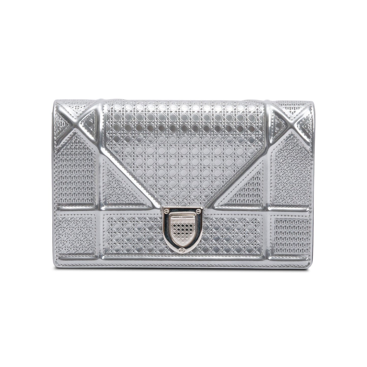Christian Dior Metallic Silver Microcannage Patent Leather Diorama Wallet on Chain