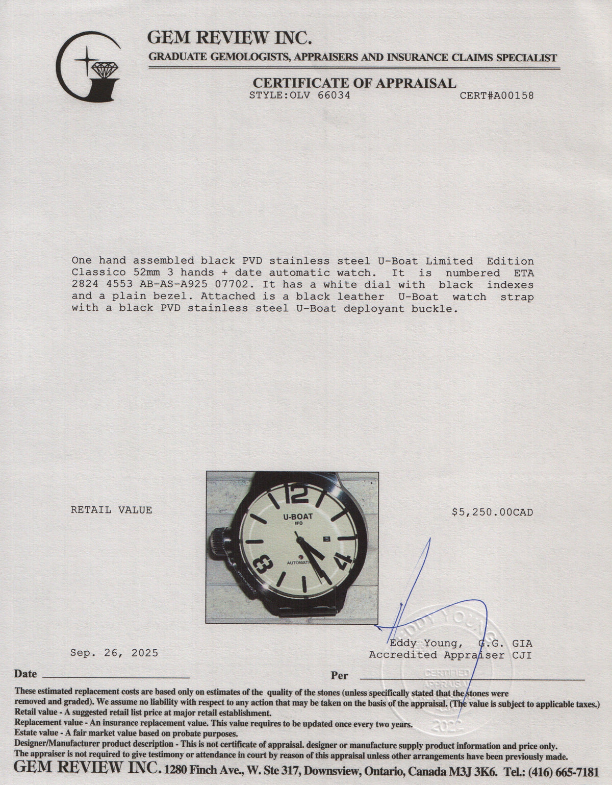 U-Boat Limited Edition Black PVD Stainless Steel Classico 52 MM Automatic Watch w/ Box & Papers