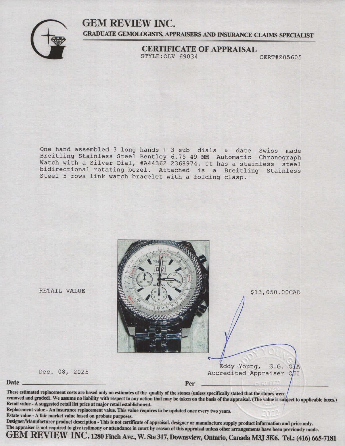 Breitling Stainless Steel Bentley 6.75 49 MM Automatic Chronograph Watch Silver Dial A44362 w/ Box & Papers