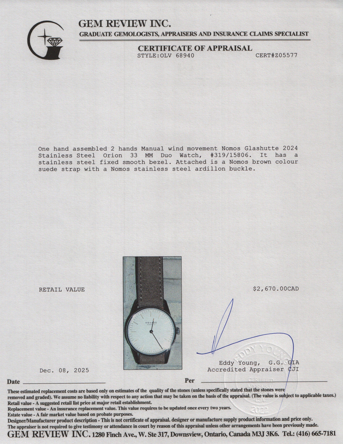 Nomos Glashutte 2024 Stainless Steel Orion 33 MM Duo Watch w/ Box & Papers