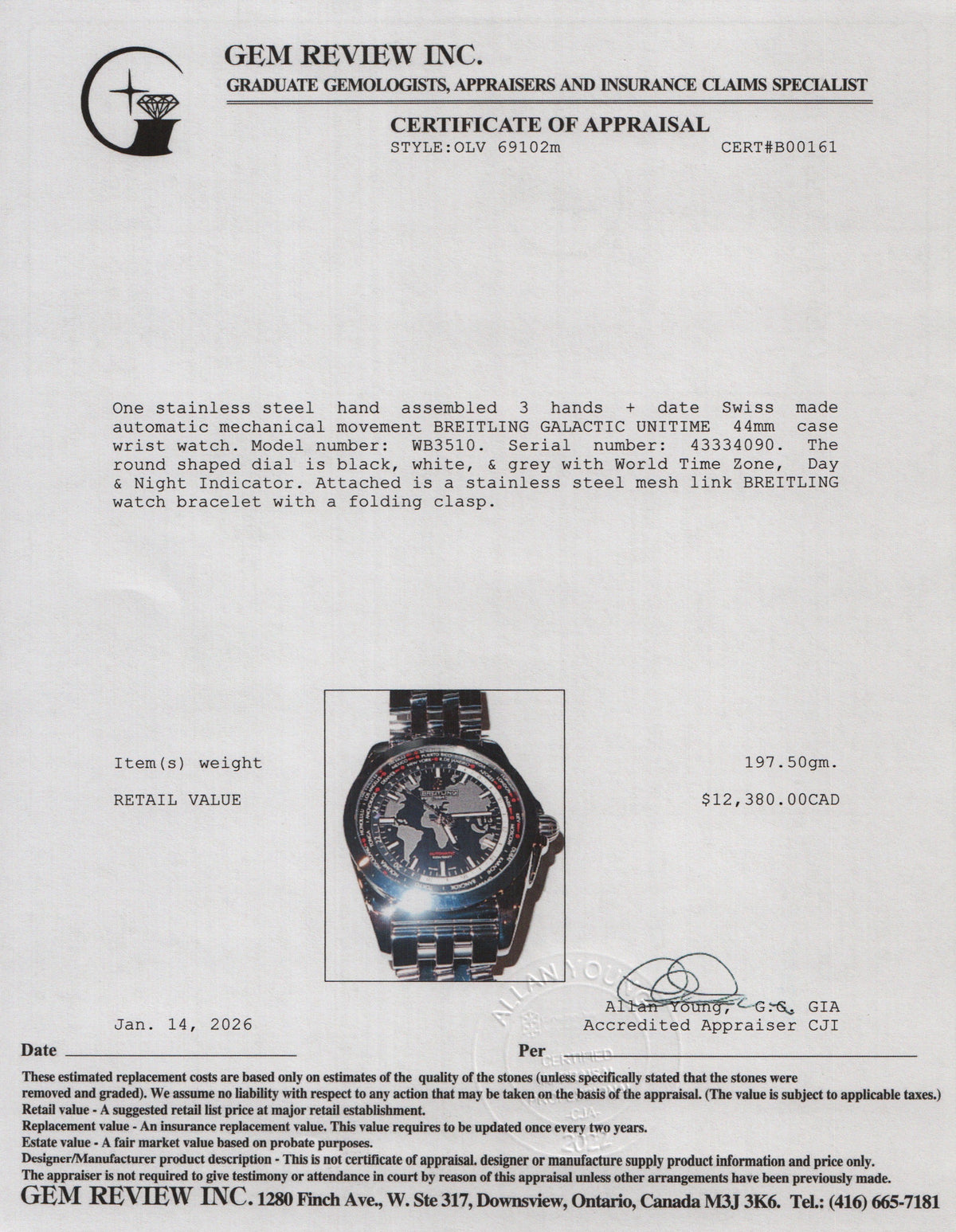 Breitling Stainless Steel Galactic Unitime 44 MM Automatic Watch Black Dial WB3510 w/ Case & Receipt