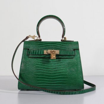 Luxury Hermes Kelly 25Cm Lizard Leather Bag Green Gold