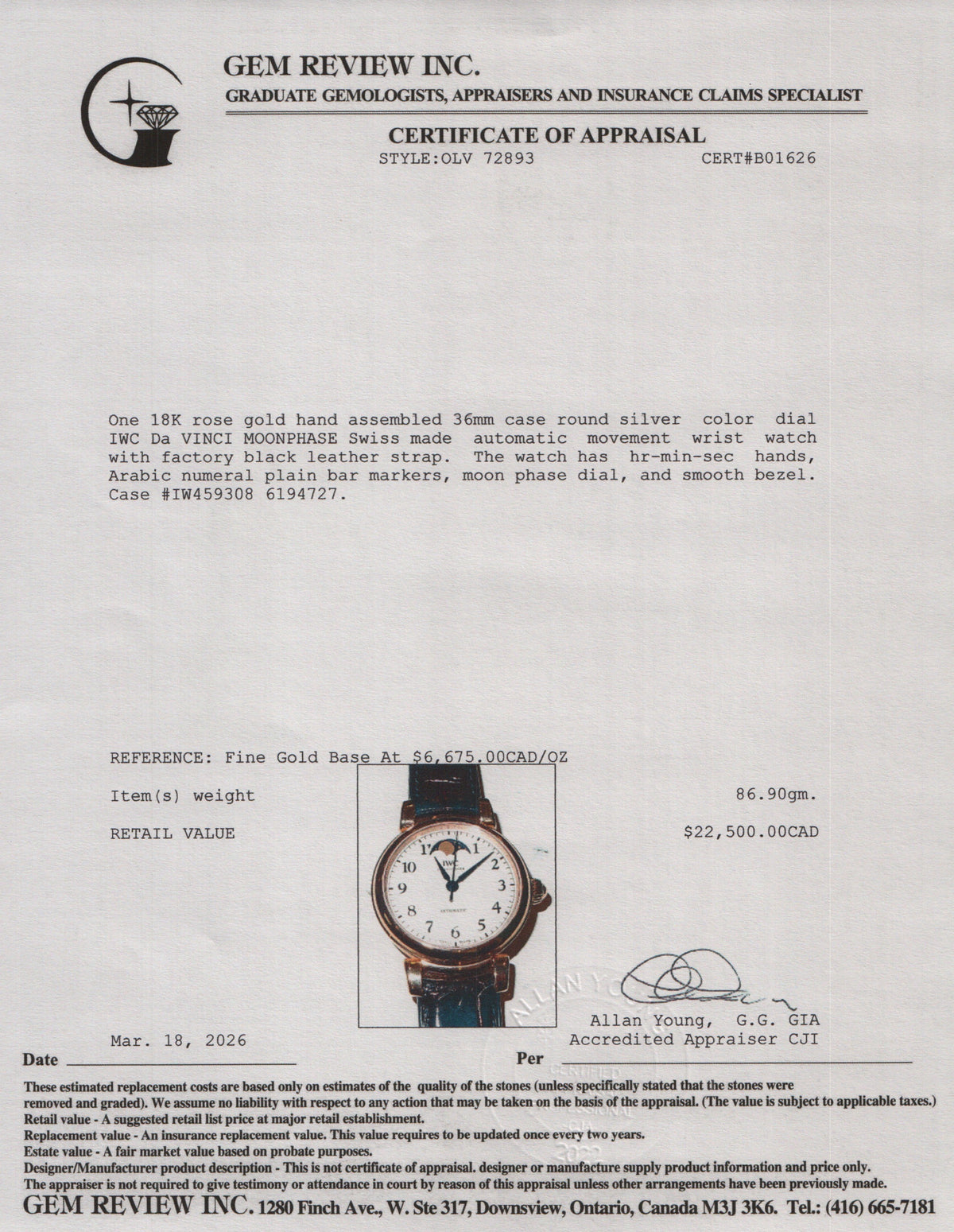 IWC 18k Rose Gold Da Vinci Moonphase 36 MM Automatic Watch IW459308 w/ Box & Papers