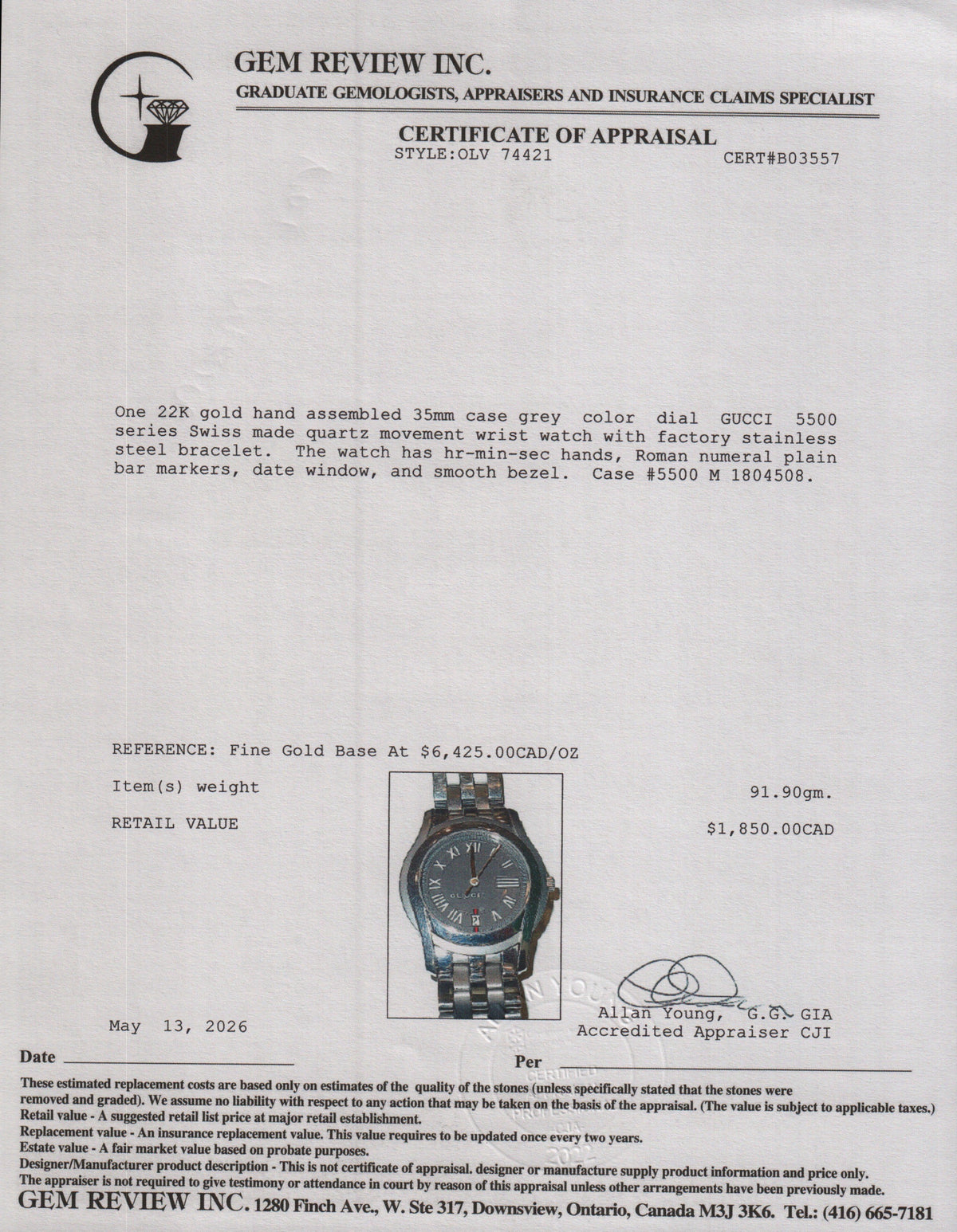 Gucci Stainless Steel 5500 Series 35 MM Quartz Watch w/ Box