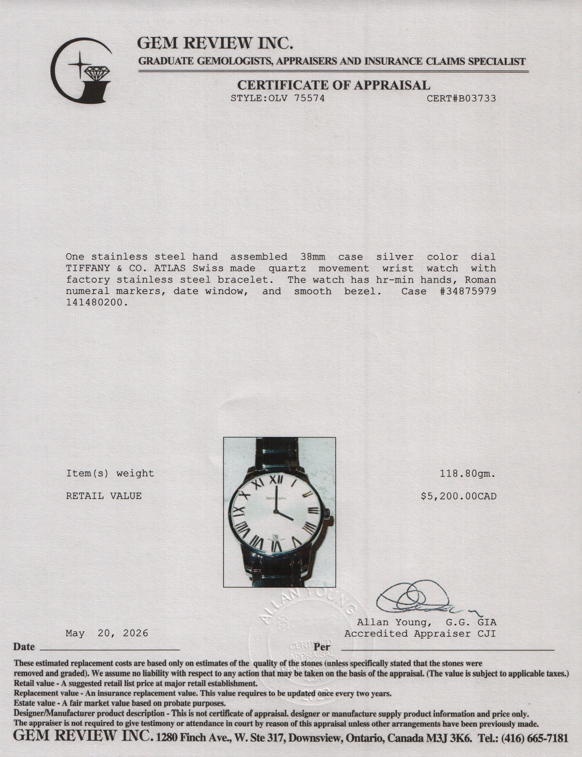 Tiffany Stainless Steel Atlas 38 MM Quartz Watch Silver Dial w/ Box & Papers