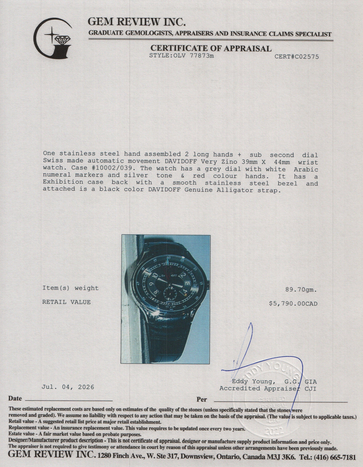 Davidoff Very Zino 44 MM Chronograph Automatic Watch, Black Dial 10002