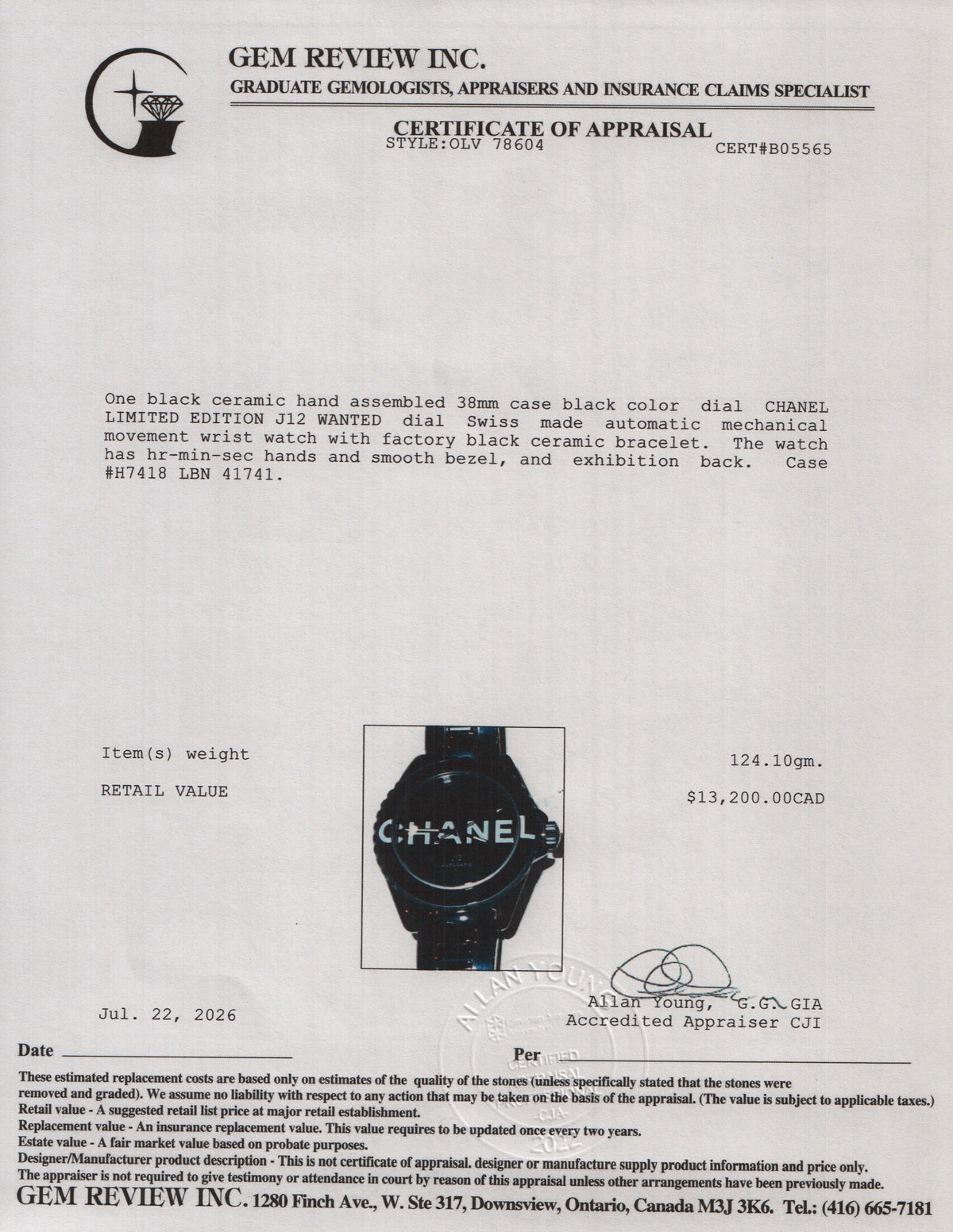 Chanel Limited Edition Black Ceramic J12 Wanted 38 MM Automatic Watch H7418 w/ Box & Papers