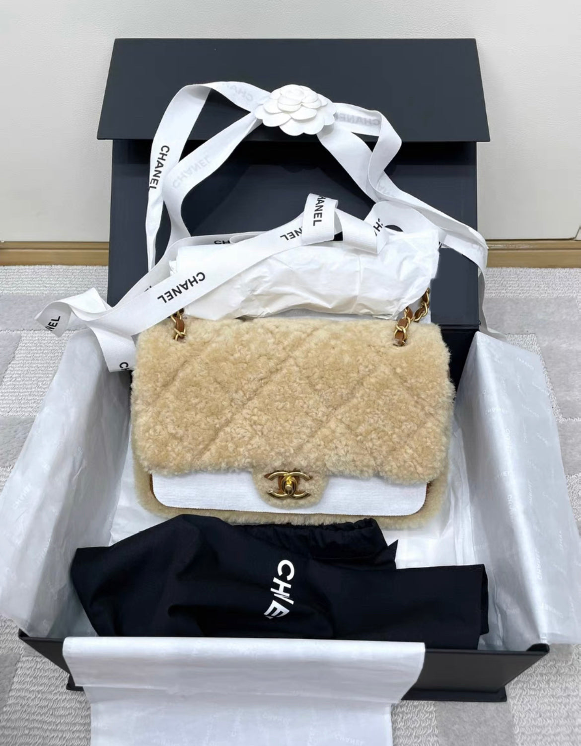 Chanel 24 Flap Bag Shearling Lambskin Gold-Tone Metal Beige Brown