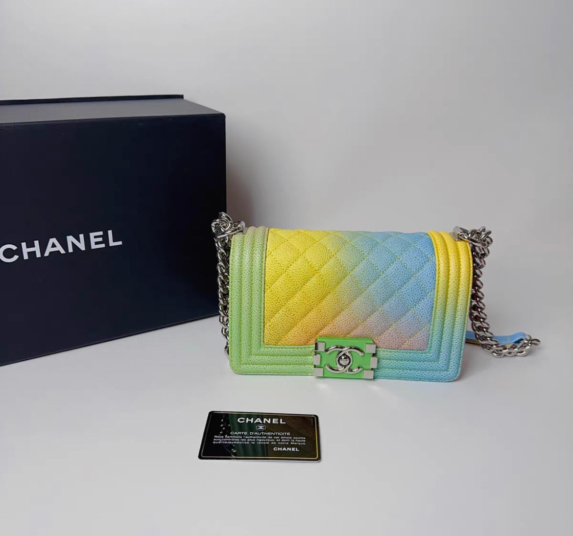 Chanel Boy Caviar Silver Shoulder Bag