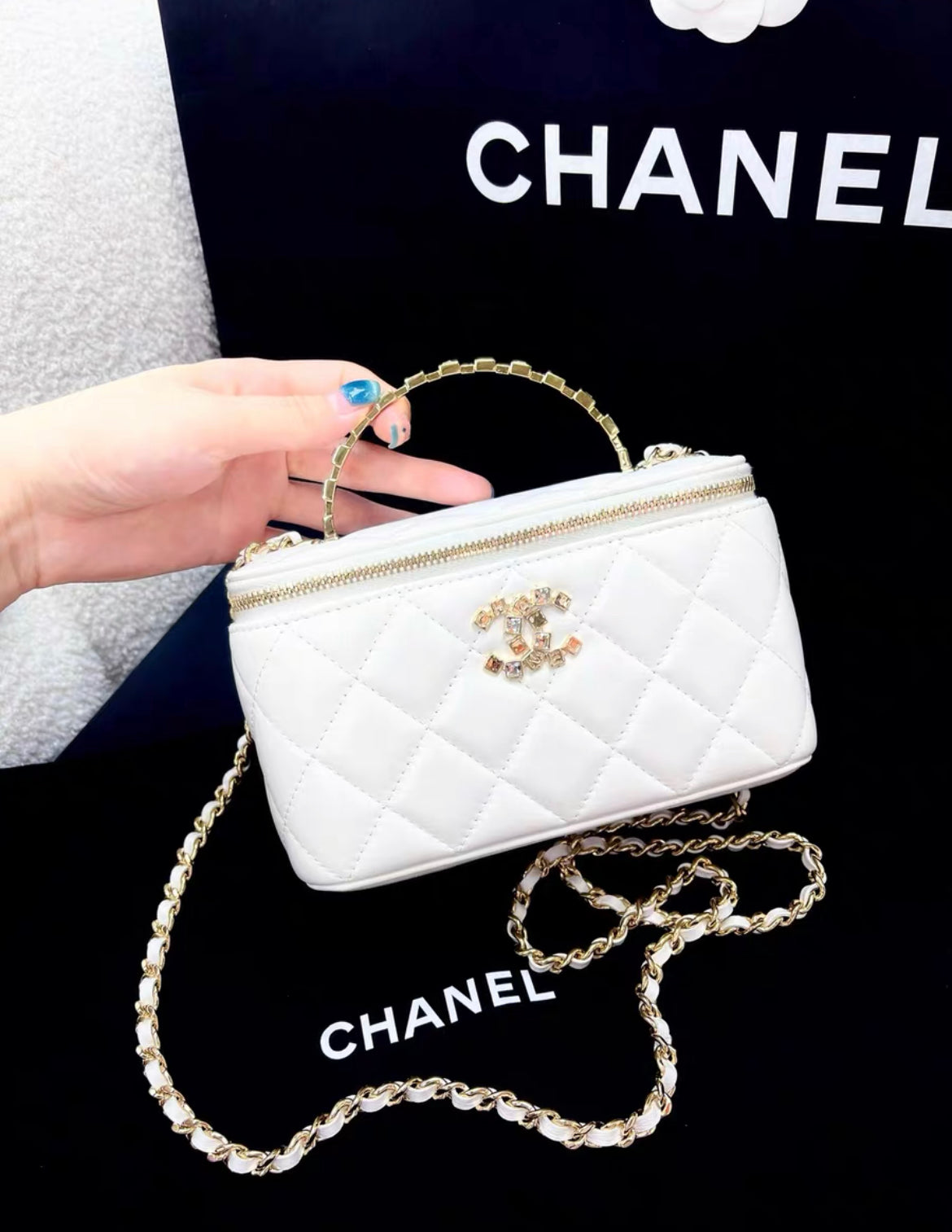 Chanel 24P White Gold Vanity Case Handle Chain Bag
