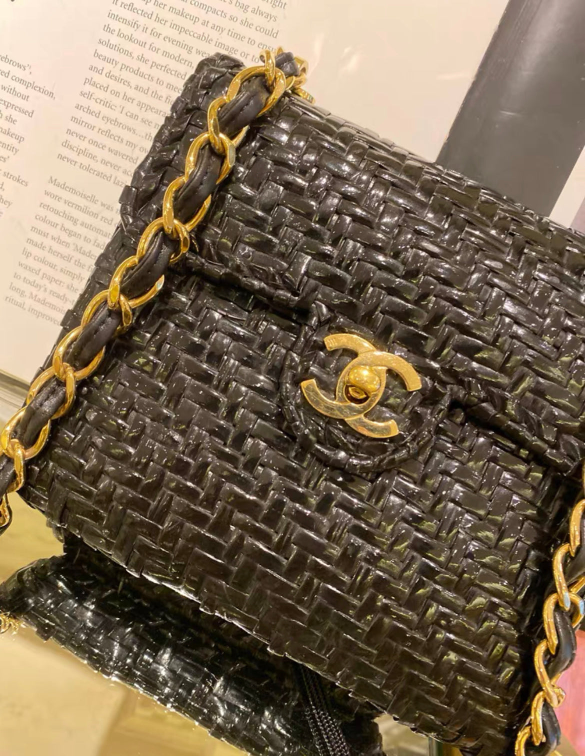 Chanel Flap 90S Mini Wicker Straw Classic Black Rattan Cross Body Bag