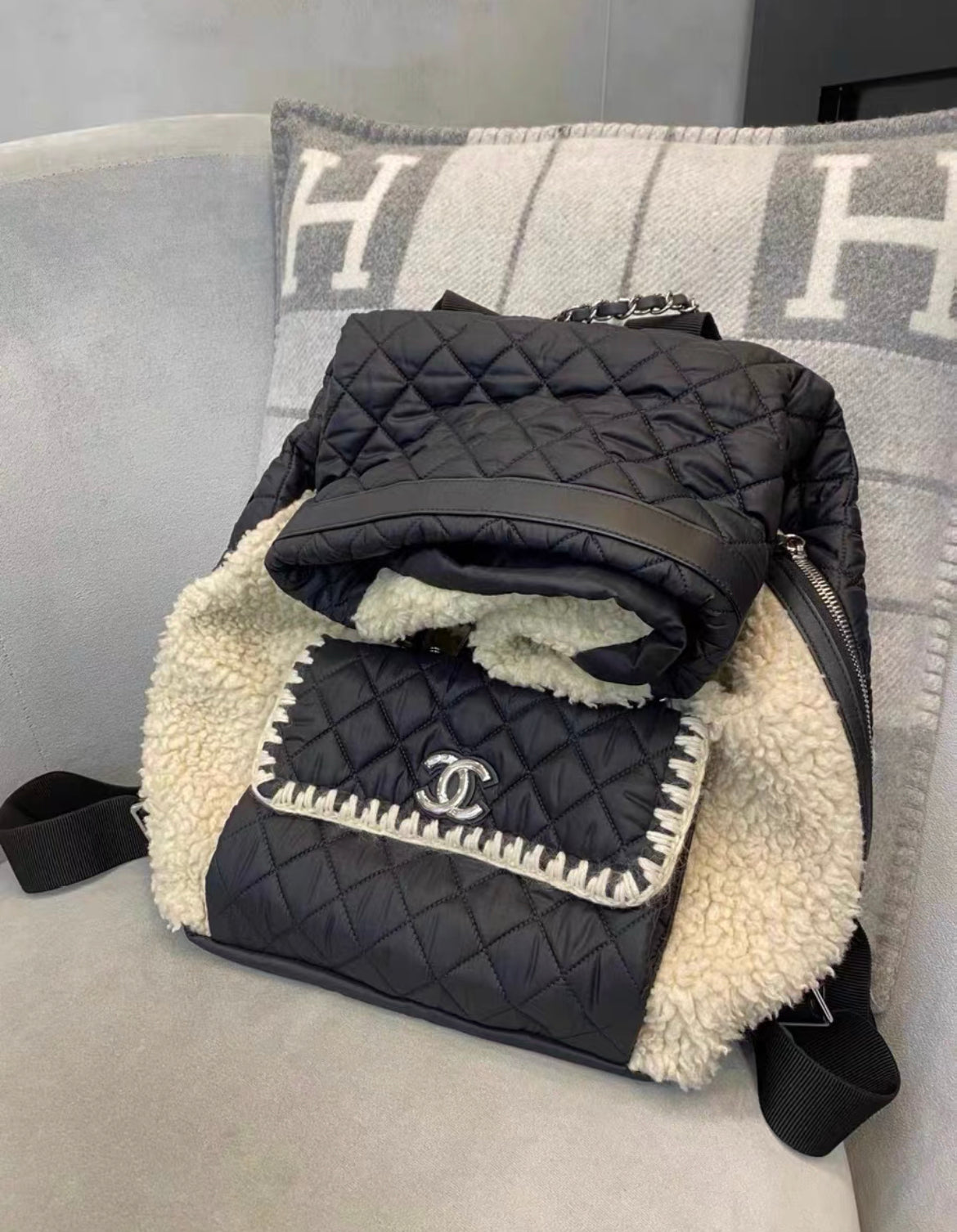 Chanel Coco Neige Front Pocket Backpack Shearling With Quilted Nylon