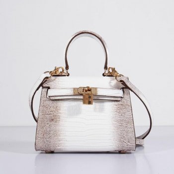 Luxury Hermes Kelly 20Cm Lizard Leather Bag Grey White Gold