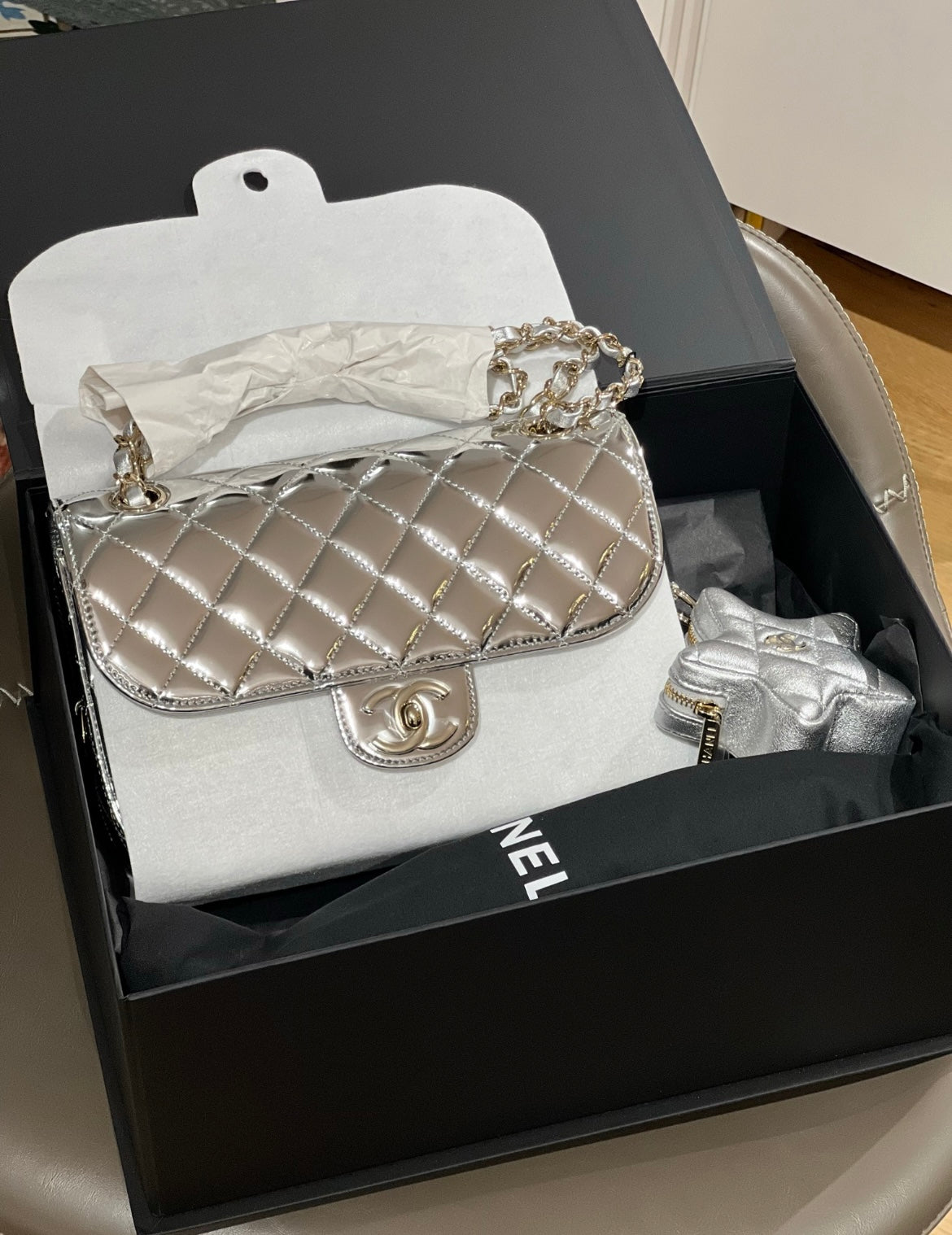Chanel 24C Rectangle Flap Silver Mirror Patent Leather With Star Coin Purse And Gold Hardware New In Box