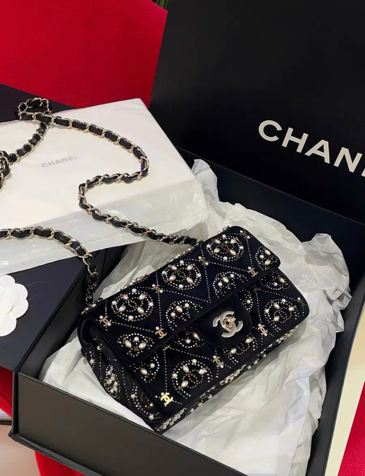 Chanel 2020 Black Velvet Imitation Pearl Strass Cc Embellished Rectangular Mini Classic Flap Gold Hardware