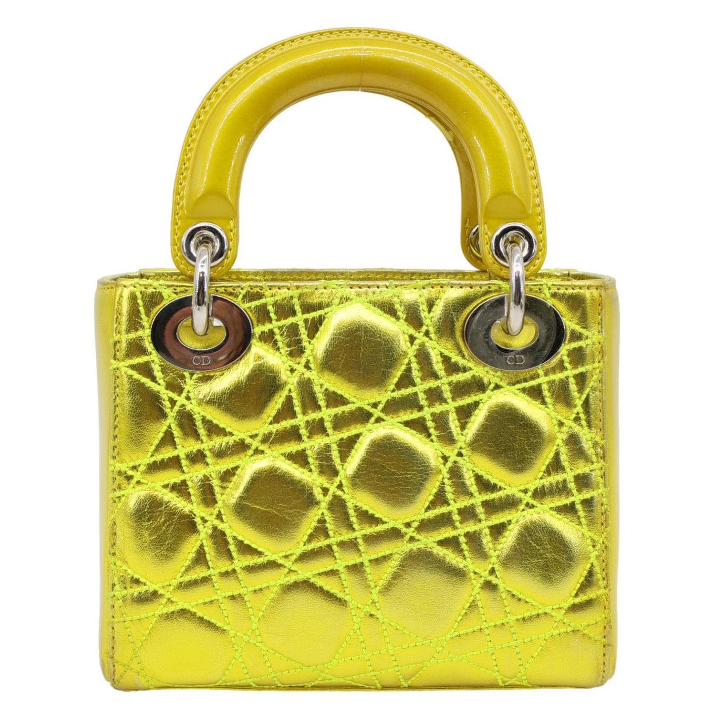 Christian Dior Lady Dior Mini Metallic Leather Shoulder Bag Neon Yellow
