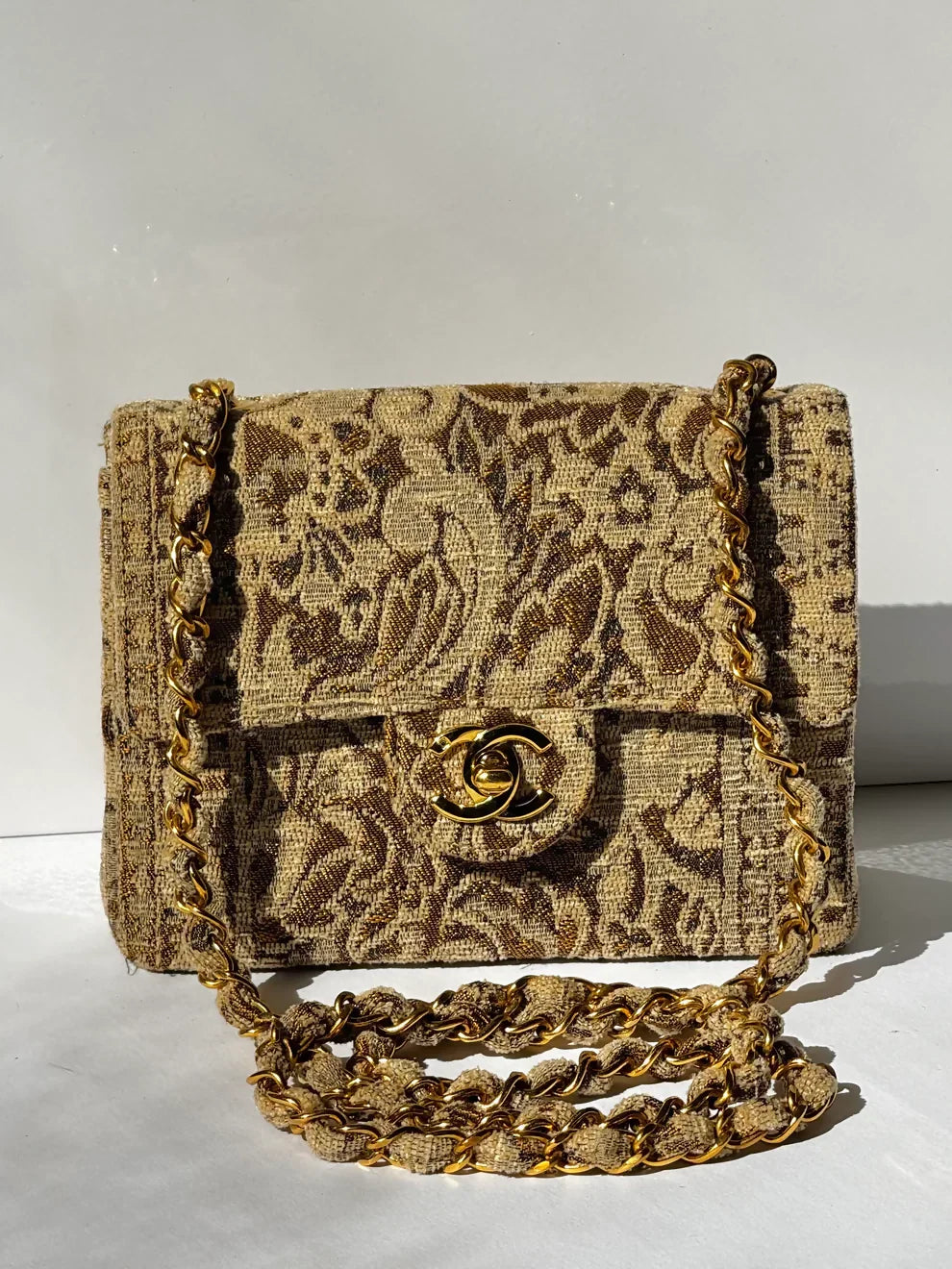 Chanel 1991 Bronze Metallic Brocade Mini Square Flap Bag
