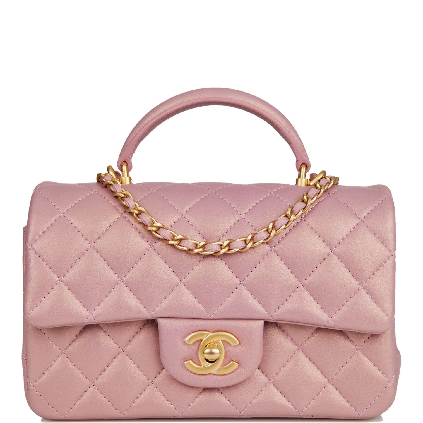 Chanel Mini Rectangular Flap Bag With Top Handle Pink Iridescent Lambskin Antique Gold Hardware