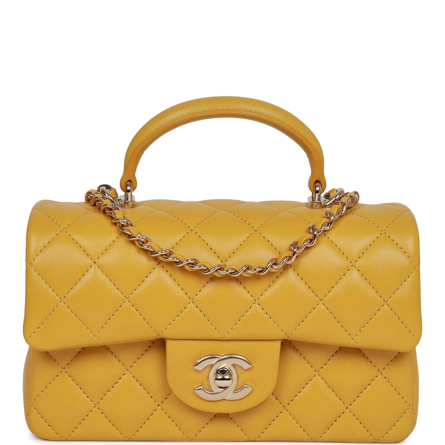 Chanel Mini Rectangular Flap With Top Handle Yellow Lambskin Light Gold Hardware