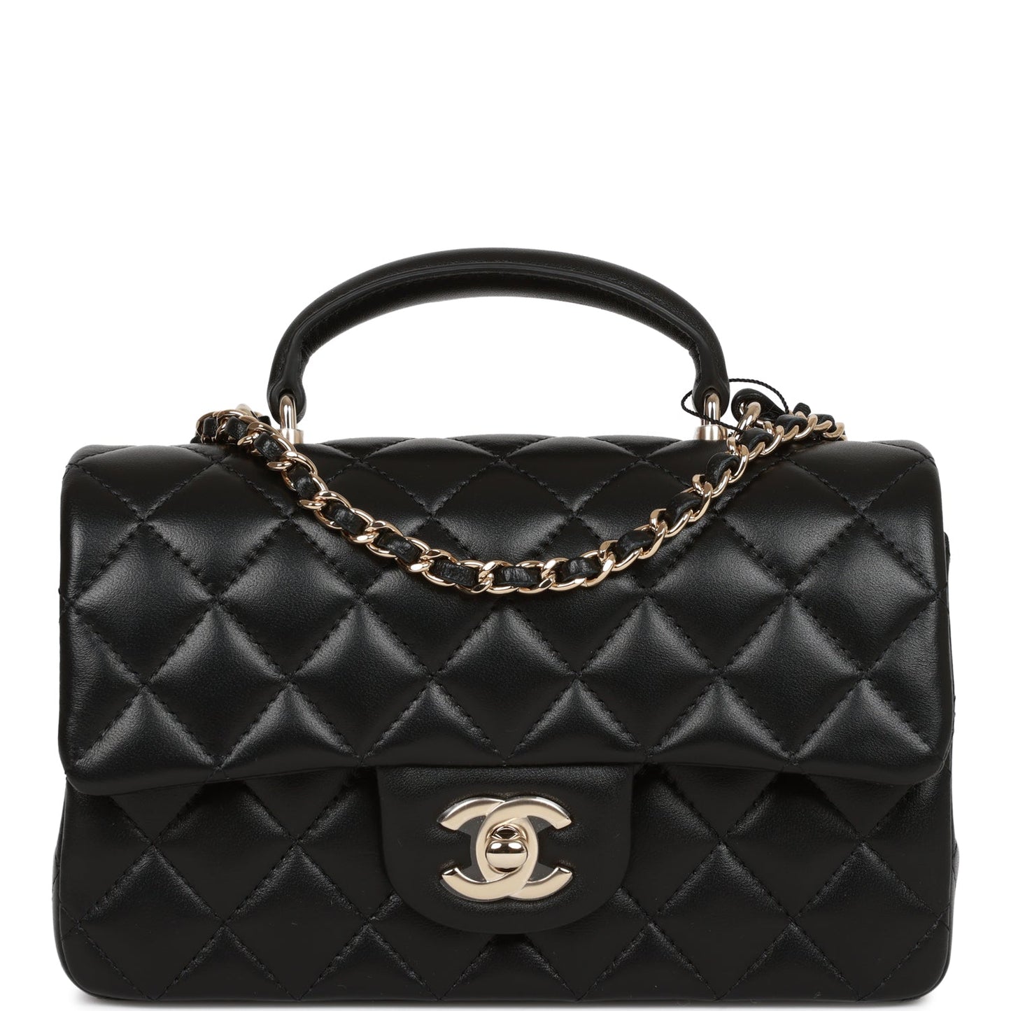 Chanel Mini Rectangular Flap Bag With Top Handle Black Lambskin Light Gold Hardware