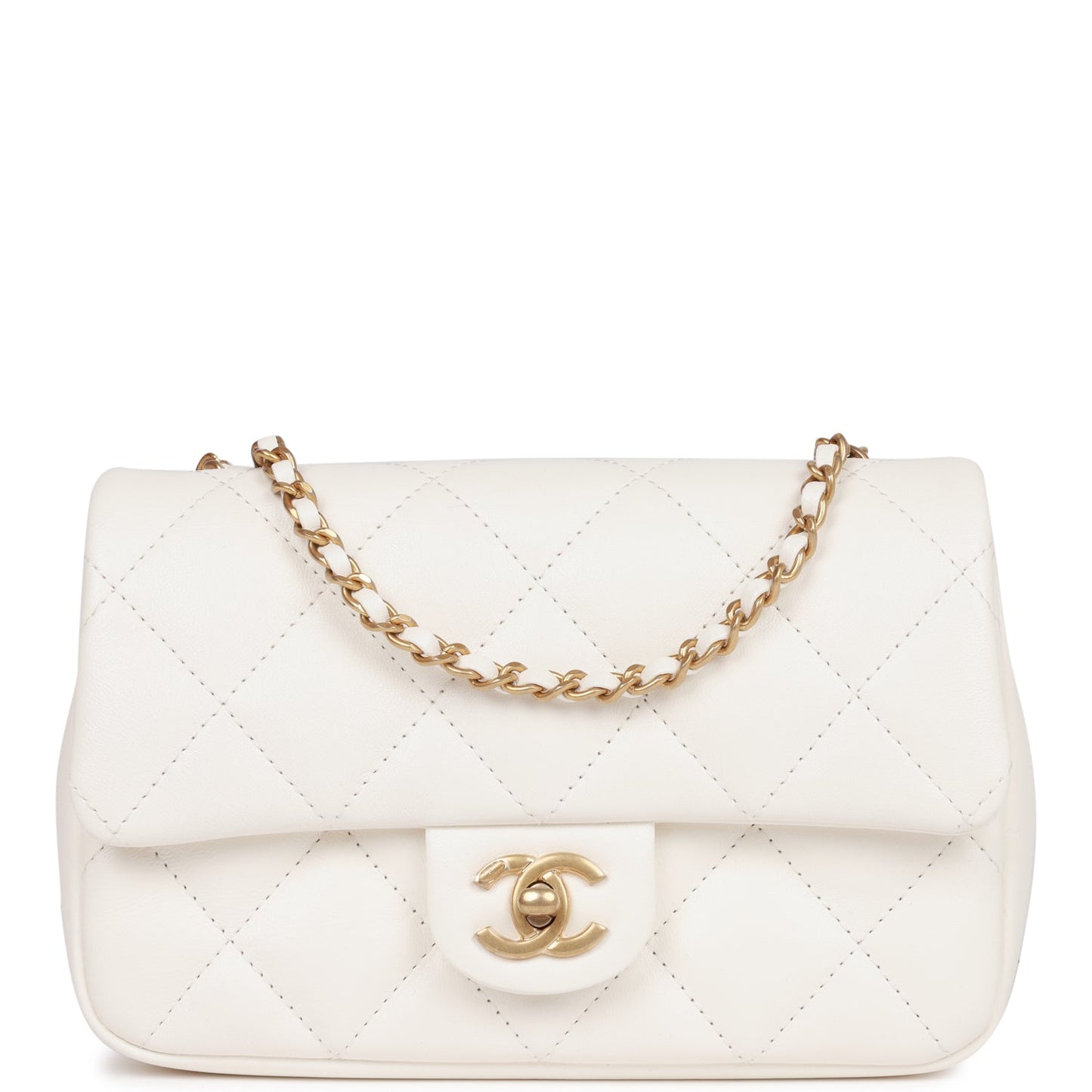 Chanel Mini Rectangular Flap Bag With Heart Chain White Lambskin Antique Gold Hardware