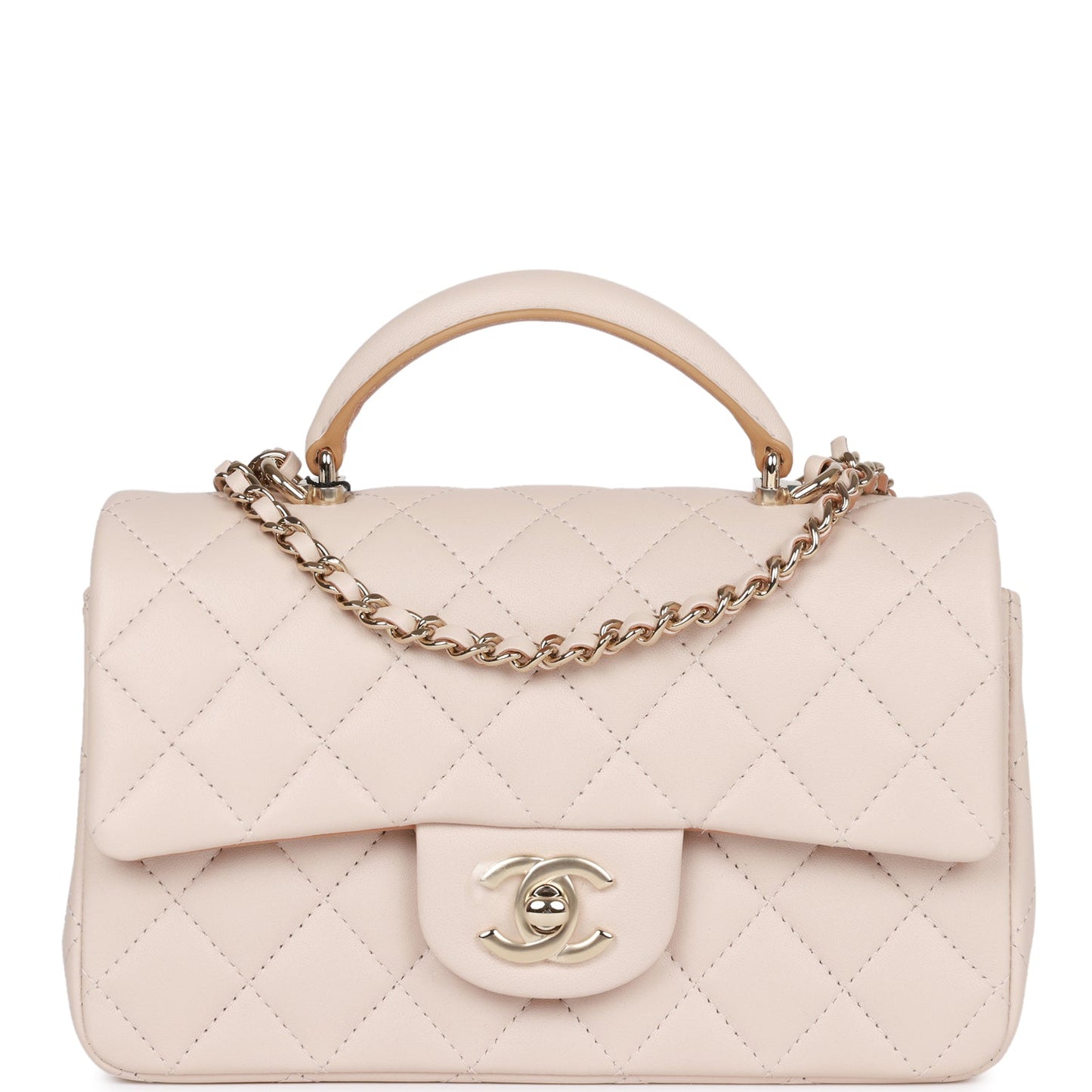 Chanel Mini Rectangular Flap With Top Handle Beige And Caramel Lambskin Light Gold Hardware