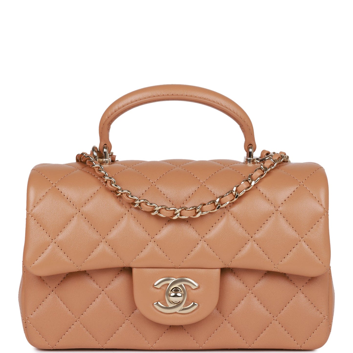 Chanel Mini Rectangular Flap With Top Handle Caramel Lambskin Light Gold Hardware