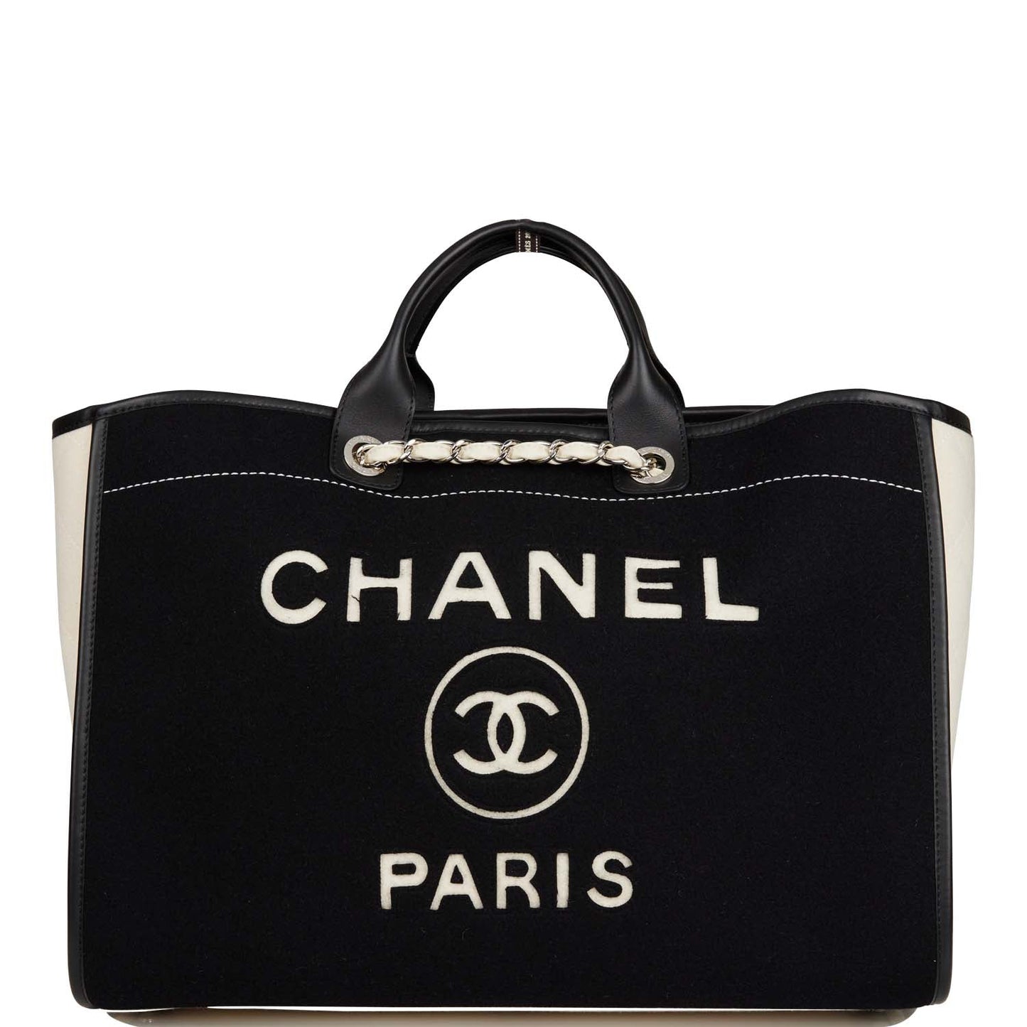 Chanel Large Deauville Shopping Bag Black And White Wool Silver Hardware