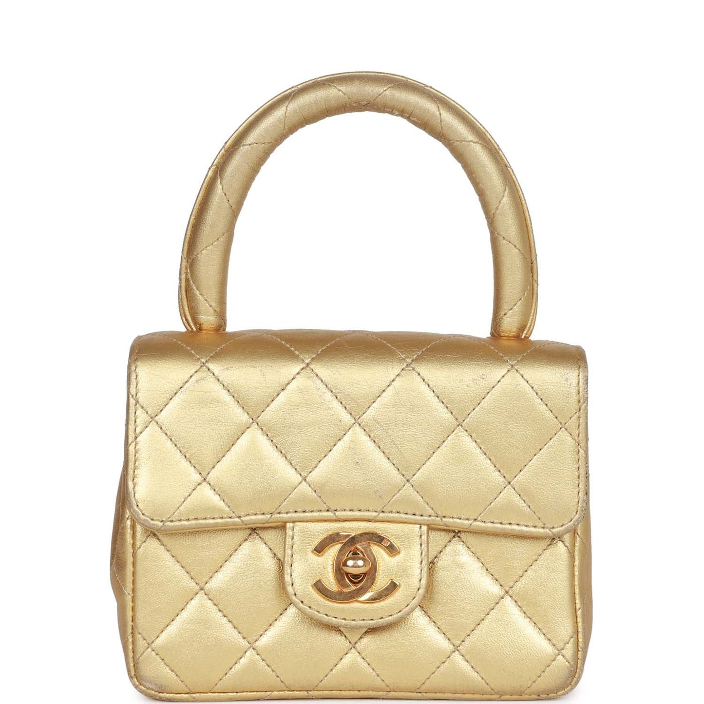 Chanel Mini Top Handle Kelly Child Flap Bag Gold Metallic Lambskin Gold Hardware