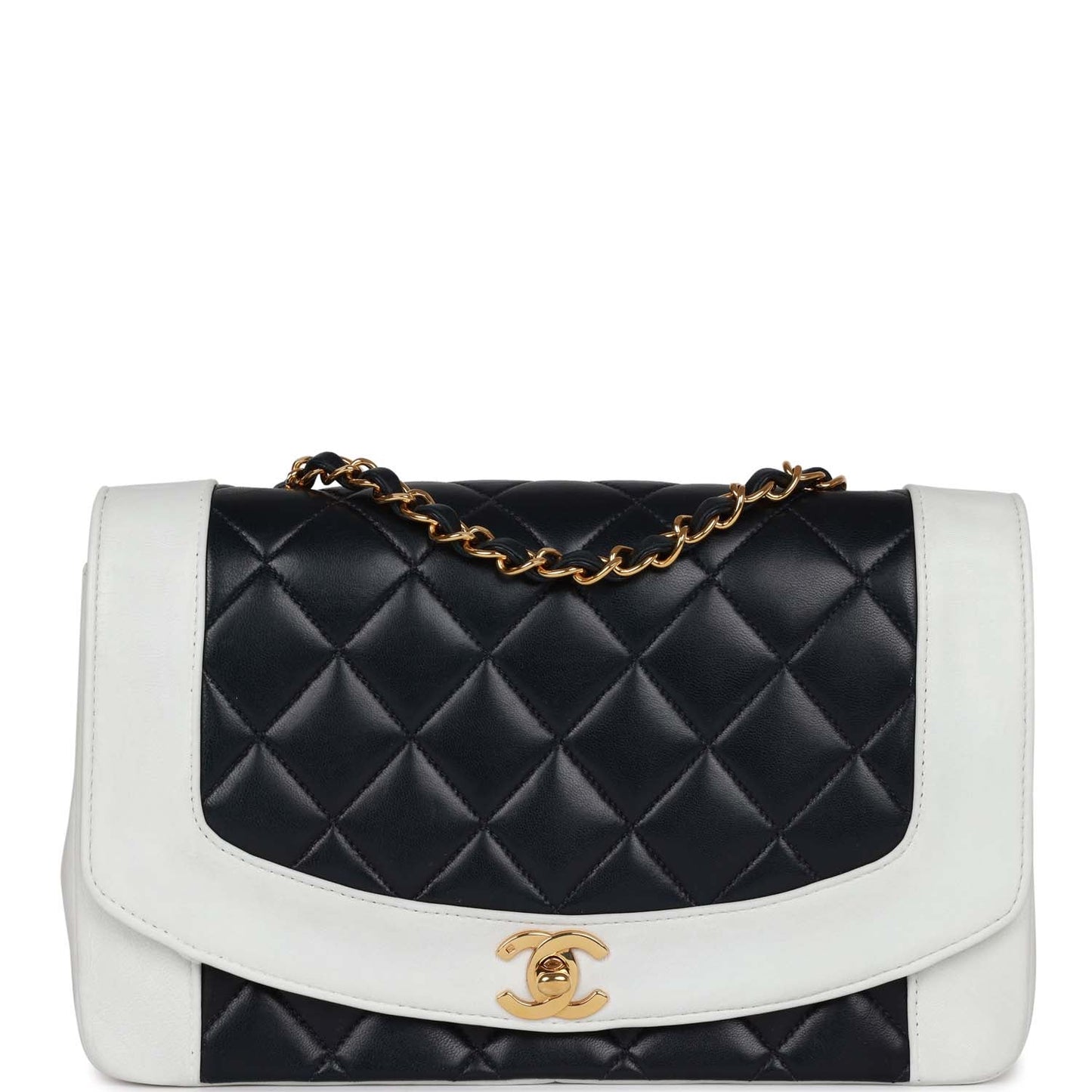 Chanel Small Diana Flap Bag White And Navy Lambskin Gold Hardware