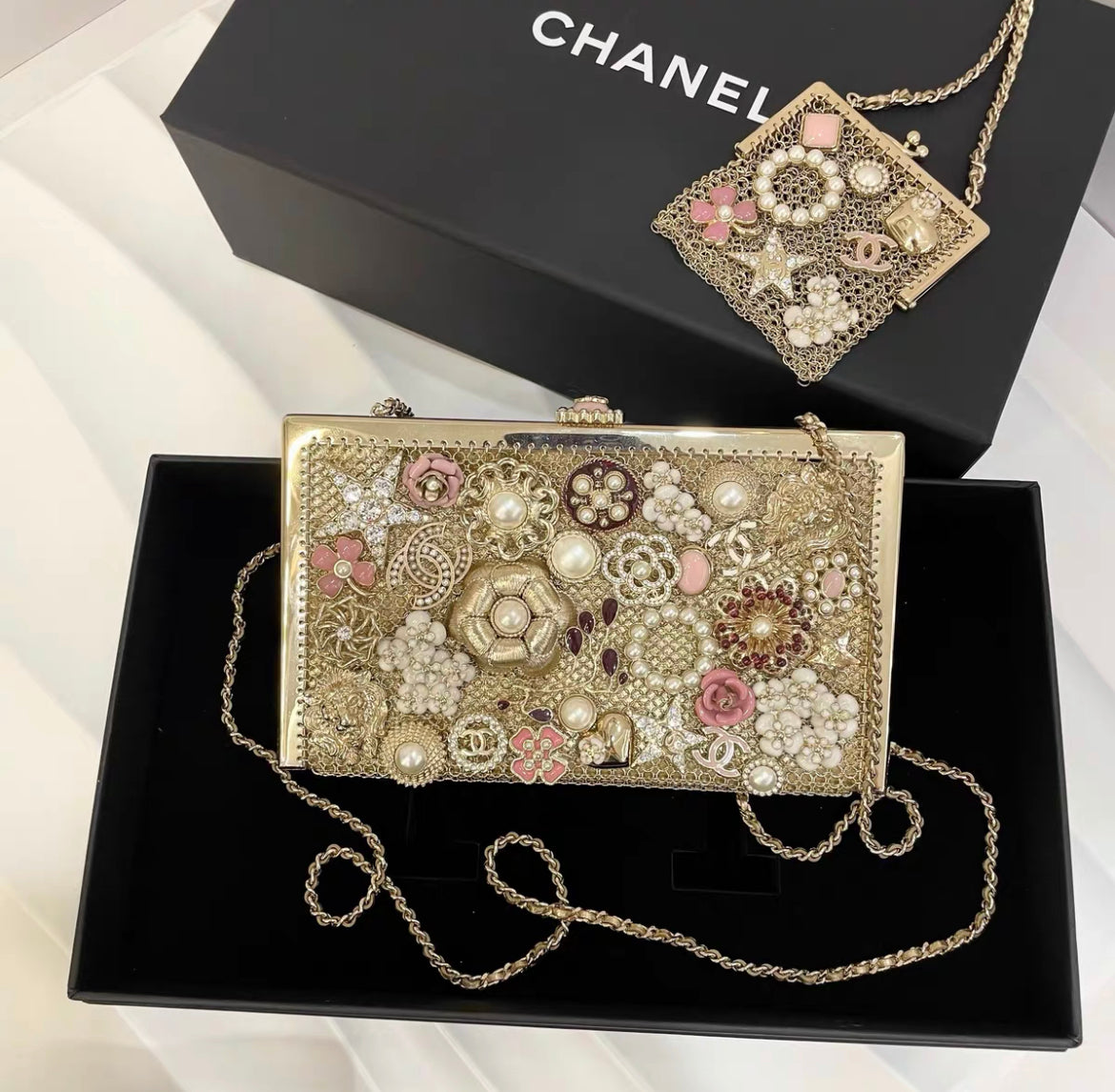 Chanel Cc Camellia Charm Bag Pearls And Pink Enamel With Gold Hardware