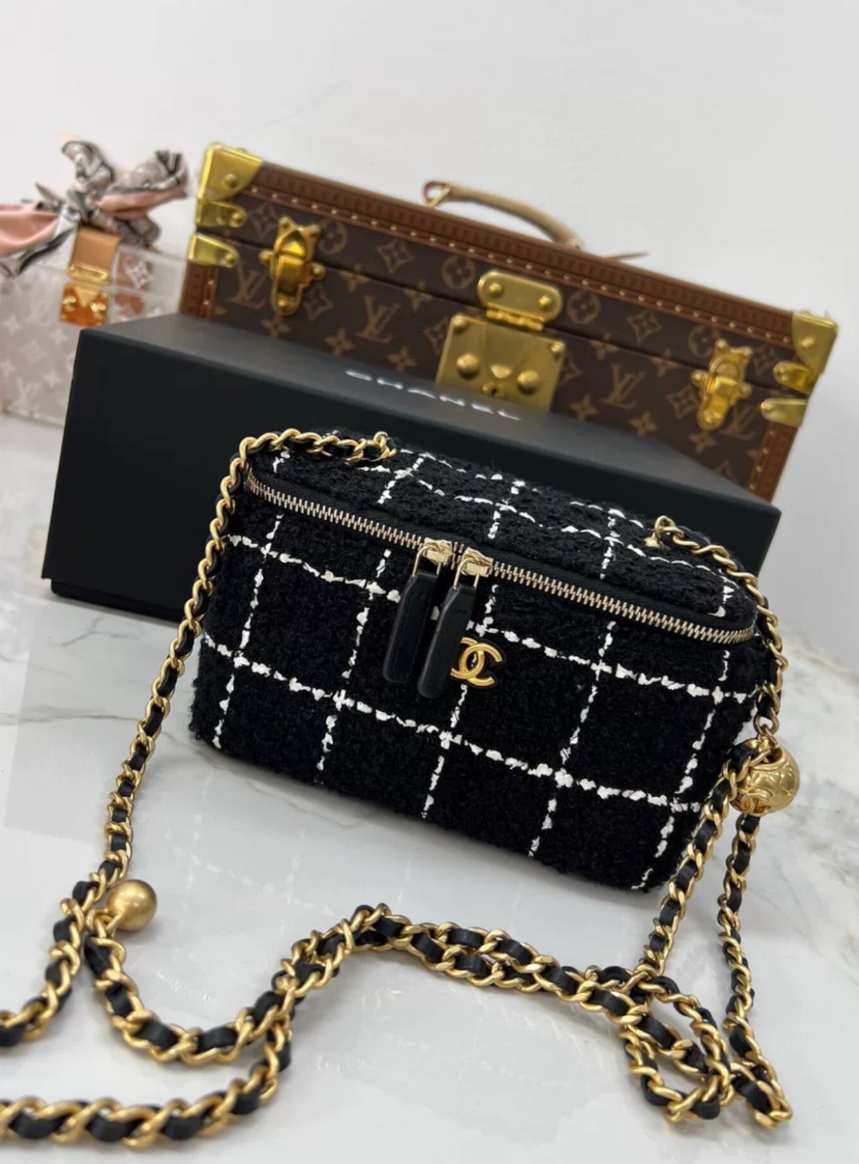 Chanel 23K Black White Tweed Mini Vanity Case Gold Chain