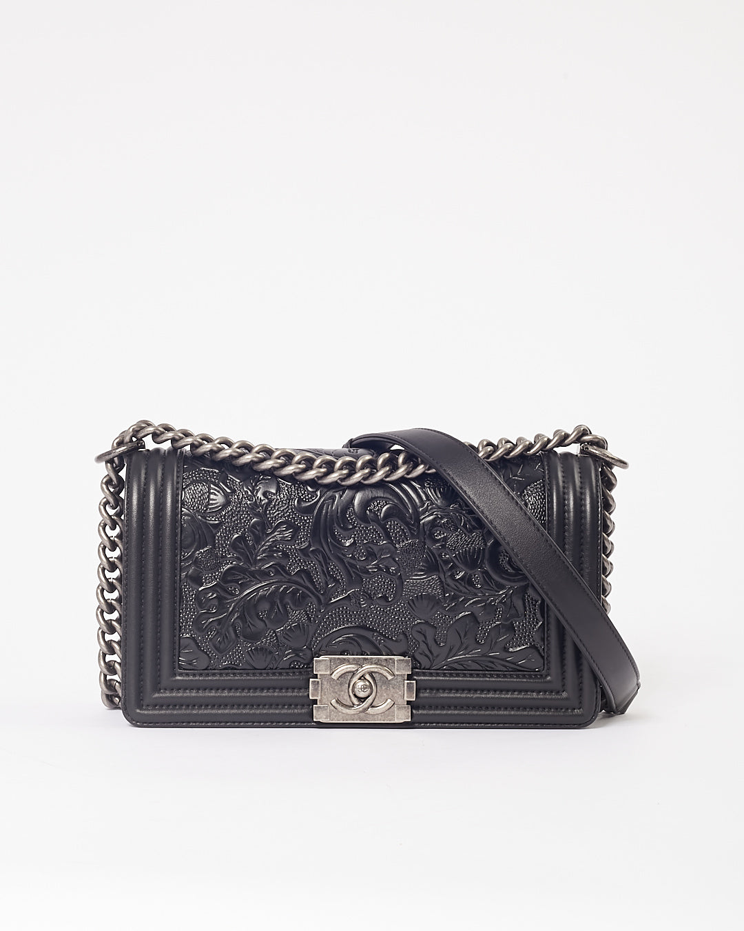 Chanel Black Lambskin Leather Jacquard Dallas Medium Boy Bag